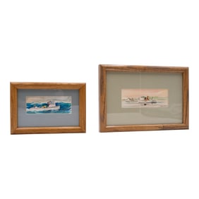 Pair of Nautical Watercolor Paintings Fishing Boats Fishermen Signed George D Post