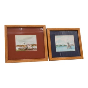 Pair of Nautical Watercolor Fishing Boat Sailboat Paintings Signed George D Post