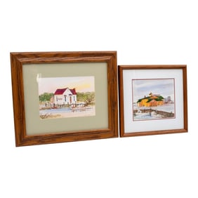 Pair of Nautical Watercolor Fishing Boats Seafood Market Paintings Signed George D Post