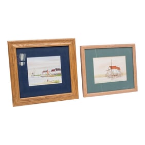 Pair of Nautical Watercolor Stilt Homes Sailboats Paintings Signed George D Post