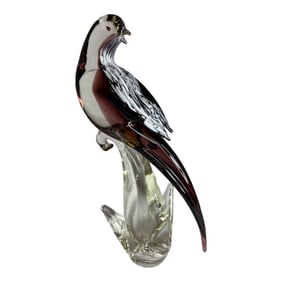 Murano Vintage Purple Bird With White Feathering Details on a Clear Glass Pedestal