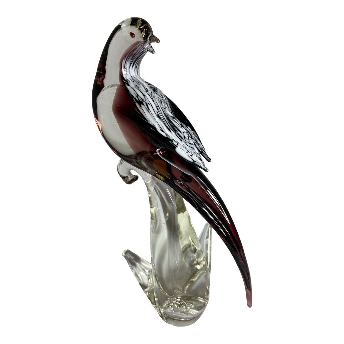 Murano Vintage Purple Bird With White Feathering Details on a Clear Glass Pedestal