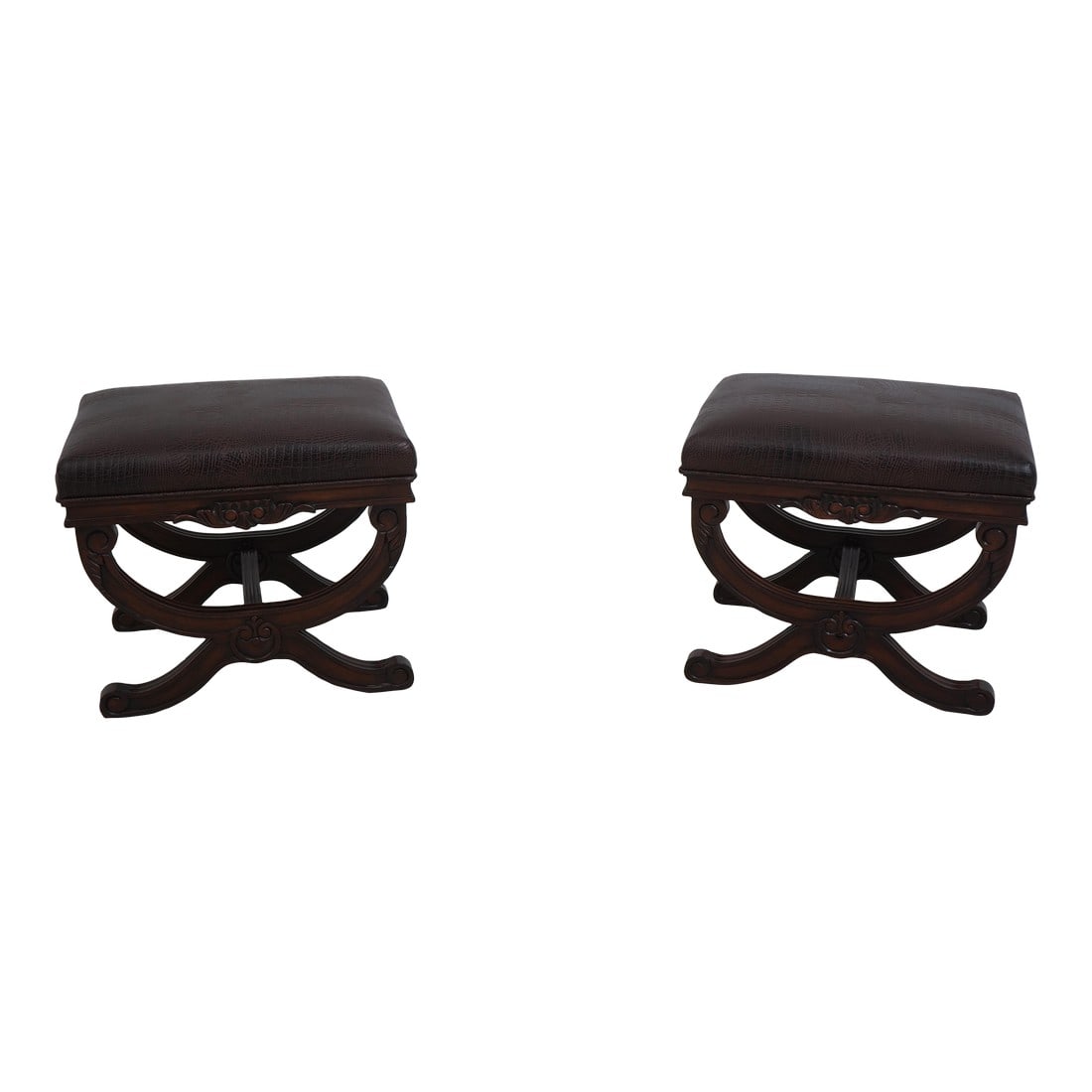Pair of Faux Leather Mahogany Stools: Age: C.2009 Details: Mahogany Fine Carved Details High Quality Construction Regency Style Texture Faux Leather In Alligator Pattern Detailed Carvings Scroll Feet Un-Marked As To Manufacture Offered @