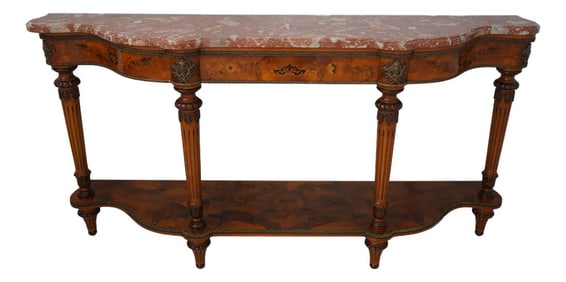 Italian Marble Top Inlaid Olivewood Console Table