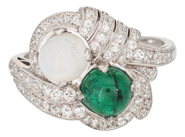 Early 20th Century Vintage Art Deco Ring Emerald Moonstone Diamond Sz 10 Fine Estate Jewelry