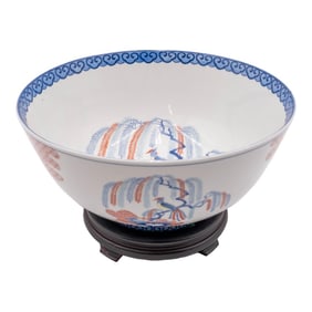 Mottahedeh Imariware Chinoiserie Bird of Paradise Bowl on Wood Base