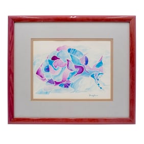 Framed Abstract Watercolor Fish Art Signed