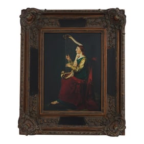 Ornate Framed Artist Signed Oil Painting on Board of Woman With Harp