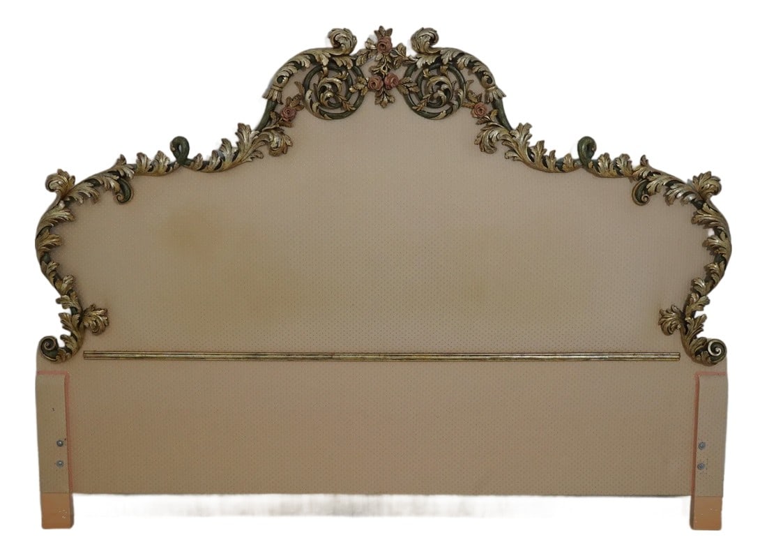Chelini Giovanni Rococo Style King Size Upholstered Headboard: Age: Approx: 40 Years Old Details: Fine Carved Details High Quality Construction Hand Painted Giltwood Frame French Style Ready To Be Attached Clean Upholstery On Panel Offered @ Fraction Original Ret