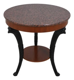 Baker Carved Round Walnut Marble/Granite Top Lamp Table