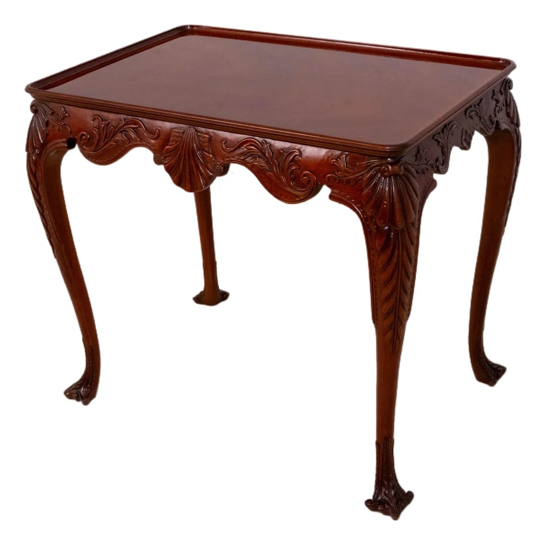Kindel Winterthur Irish Georgian Mahogany Tea Table: Age: C.1998 Details: Winterthur Collection Irish Georgian Society Collection Mahogany Fine Carved Details High Quality Construction Rich High Sheen Finish 18 C. Design Traditional Style Shell Carved K