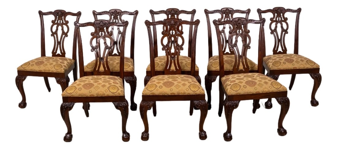 Set of 8 Ethan Allen Mahogany Chauncey Side Chairs: Age: C.2014 Details: Ball & Claw Feet Rococo Carvings On Back Nice Carved Details High Quality Construction 18 C. Design Traditional Style Offered @ Fraction Original Retail Cost Condition: Excellent