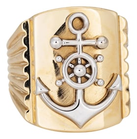 Mid 20th Century Vintage Anchor Ring Sz 12.5 14k Yellow Gold Ships Wheel Nautical Men's Jewelry
