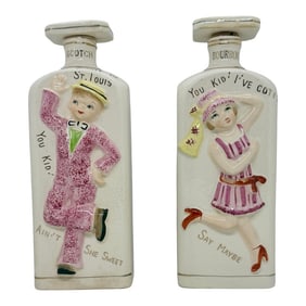 1940"s Ceramic Decanters - West Pac Japan Scotch and Bourbon - Dandy Man & Flapper Girl - Handpain