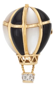 Hot Air Ballon Pendant Vintage Diamond Mop Onyx 14k Yellow Gold Brooch Jewelry