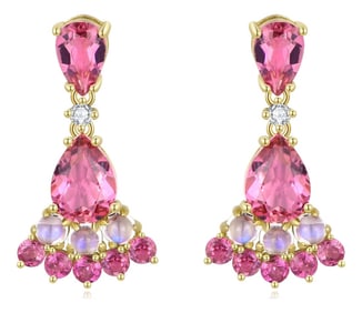 Nina Zhou 2.74ctw Pink Tourmaline, Moonstone & Diamond Drop Earrings in 14k Yellow Gold, A Pair