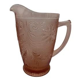 Vintage Tiara/Indiana Glass Drink Pitcher Peach Pink Sandwich Pattern With Floral and Swirls Design