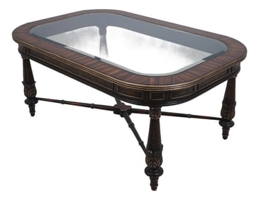 Mixed Wood Inlaid Glass Top X Base Coffee Table