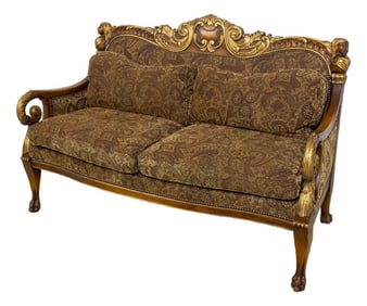 Italian Continental Style Figural Carved Upholstered Settee Loveseat