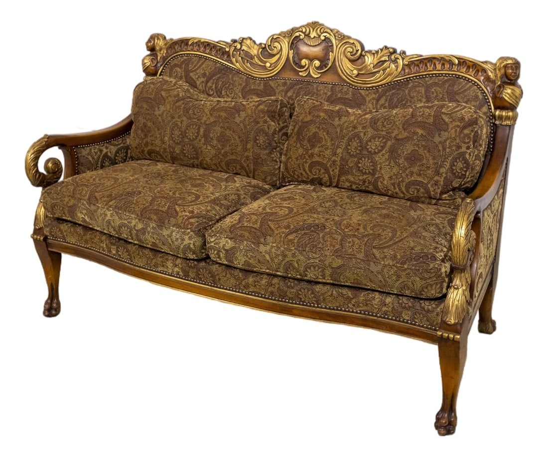 Italian Continental Style Figural Carved Upholstered Settee Loveseat (1 of 18)