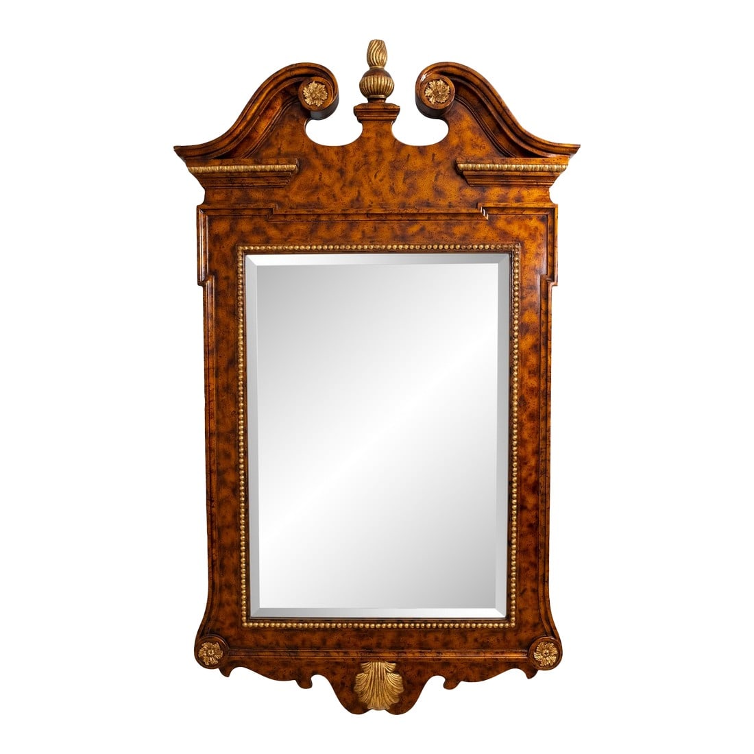 Maitland Smith Georgian Style Large Wall Mirror: Age: Approx: 20 Years Old Details: Beveled Glass Mirror High Quality Construction Large Impressive Mirror Pediment Top w. Finial Chippendale Style Traditional Style Faux Walnut Painted Finish Gold Acc