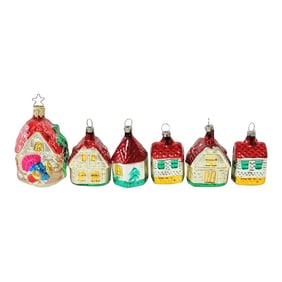 1950s Cottage House Glass Christmas Ornaments Hand Painted Czech & Germany - A Set of 6