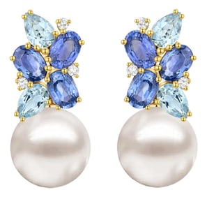 Nina Zhou Sapphire, Aquamarine and Diamond Cluster Pearl Convertible Drop Earrings in 18k Yellow Gol