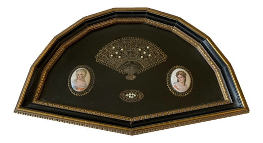 Vintage Victorian Porcelain Cameo and Fan Shadow Box Wall Display
