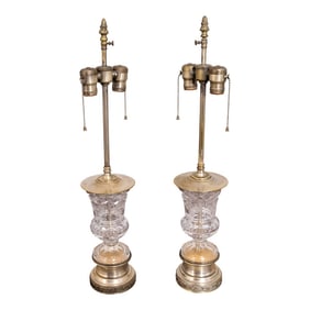 1950s Pair of Regency Cut Glass & Silver Plate Table Lamps