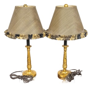 1980s Pair of Regency Gold Gilt & Ebony Candlestick Lamps