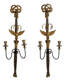 Pair of Federal Style Eagle Carved Gilt 2 Candle Wall Sconces