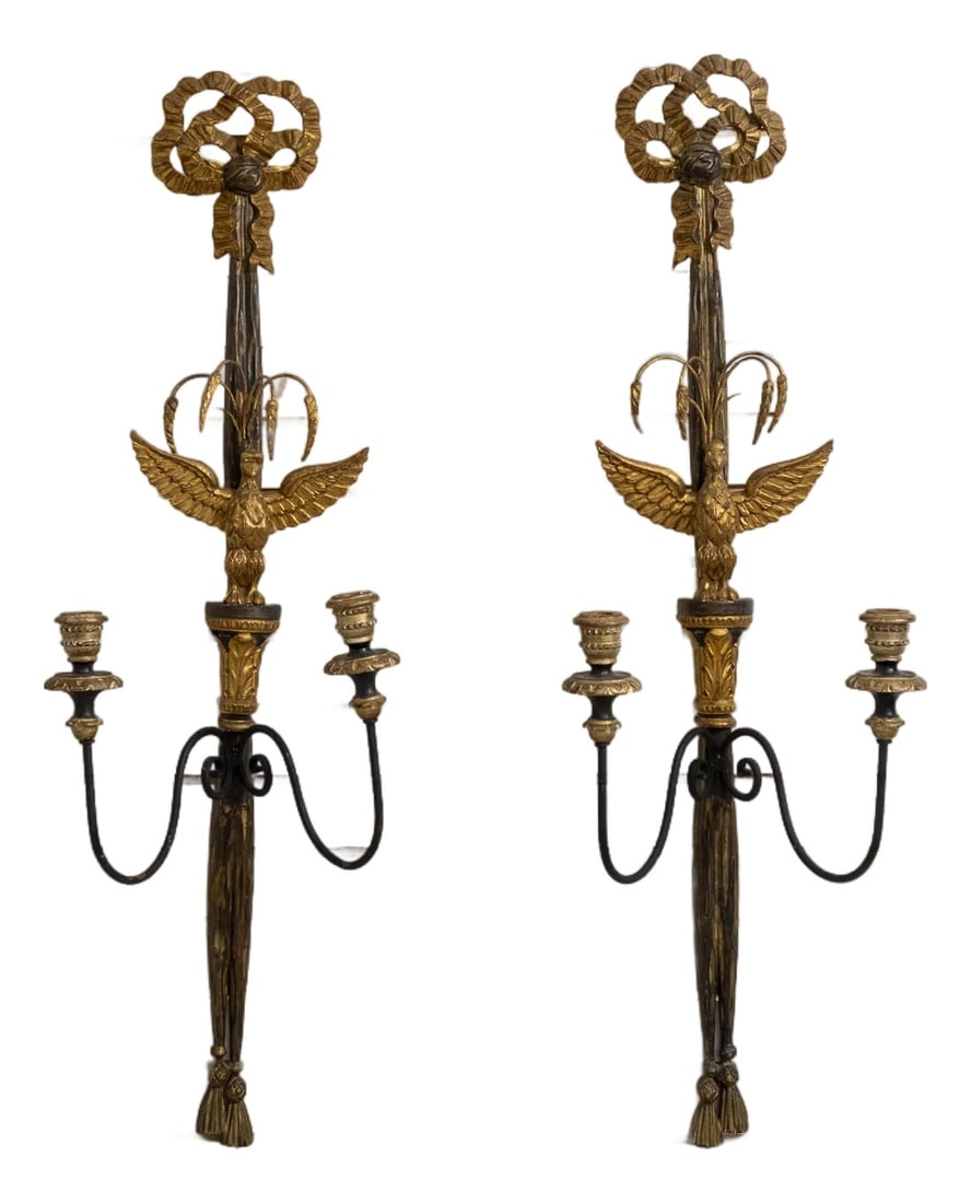 Pair of Federal Style Eagle Carved Gilt 2 Candle Wall Sconces (1 of 10)