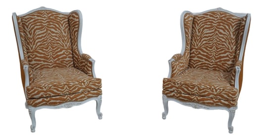 Pair French Style Modern Zebra Print Upholstered Bergere Chairs