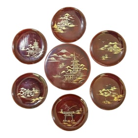 1950s Vintage Scenic Chinoiserie Lacquer Coasters Set- 7 Pieces