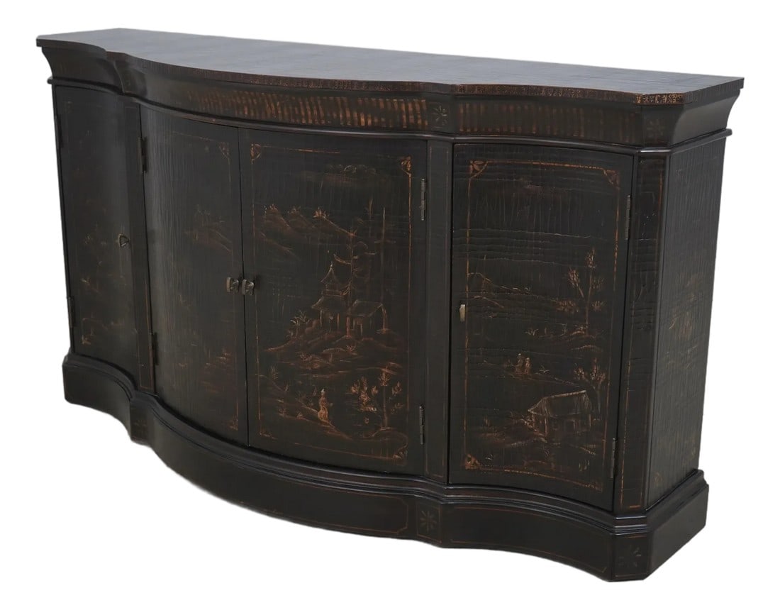 Ethan Allen Vivianne Chinoiserie Serpentine Console Sideboard: Age: C.2002 Details: High Quality Construction Stunning Chinoiserie Decorated Finish Crackle Paint Finish Offered @ Fraction Original Retail Cost Condition: Excellent Original Finish & Condition Some