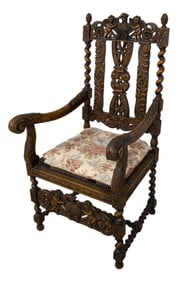 French Continental Ornate Walnut Carved Arm Chair