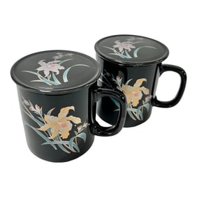 1980s Iris Flower Black Coffee/Tea Mugs & Lids - Set of 2
