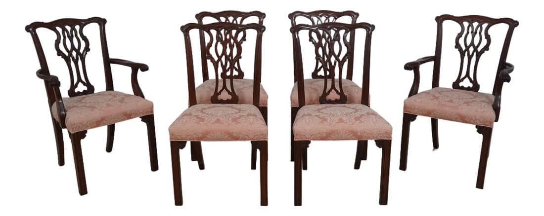 Set of 6 Baker Chippendale Mahogany Dining Room Chairs: Age: Approx: 25 Years Old Details: Quality Construction 18 C. Design Chippendale Style Reddish Mahogany Finish Un-Marked As To Manufacture Tack Head Trim Condition: Excellent Original Finish & Conditi