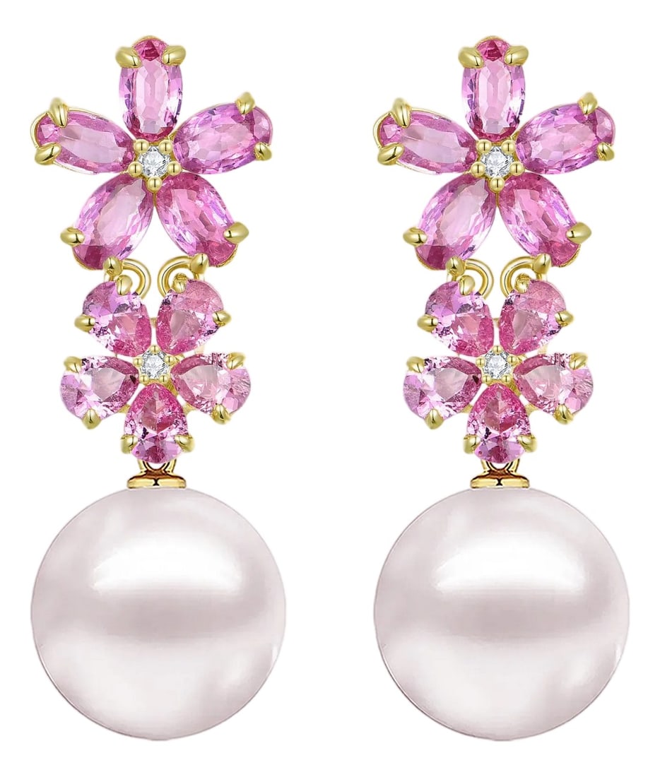 A Pair of Nina Zhou 4.92ctw Pink Sapphire & Diamond Double Blossom Pearl Convertible Drop Earrings i: 14K Yellow Gold 20 Pieces Natural Pink Sapphire?Pear & Oval?Eye Clean Pink Sapphire CTW: 4.80 4 Pieces Natural Diamond Grade: G Color?VS Clarity Diamond CTW: 0.12 Detachable Cultured Pearls: 12 - 13 m