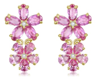 A Pair of Nina Zhou 4.92ctw Pink Sapphire Diamond Double Blossom Drop Earrings in 14k Gold