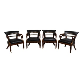 1980s Maitland Smith Set of 4 Empire Style Barrel Back Leather Club Chairs