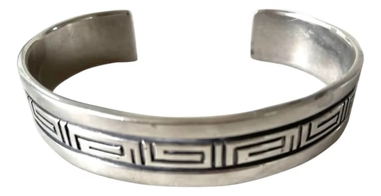 Vintage Navajo Troy Lamer Native American Greek Key Design Sterling Silver Cuff Bracelet - Signed an