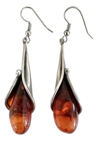 Vintage Art Nouveau Style Amber and Sterling Silver Lily Drop Earrings, A Pair