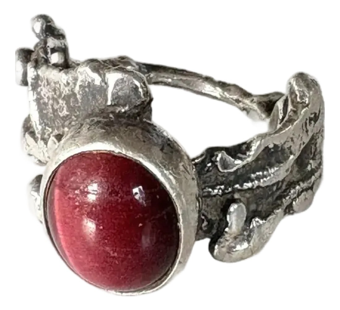 Vintage Brutalist Red Tiger's Eye and Sterling Silver Ring, Size 6 (1 of 7)