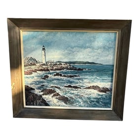 Vintage Framed Oil on Canvas Painting - Portland Head Lighthouse, Maine Rocky Coastline Seascape Sig