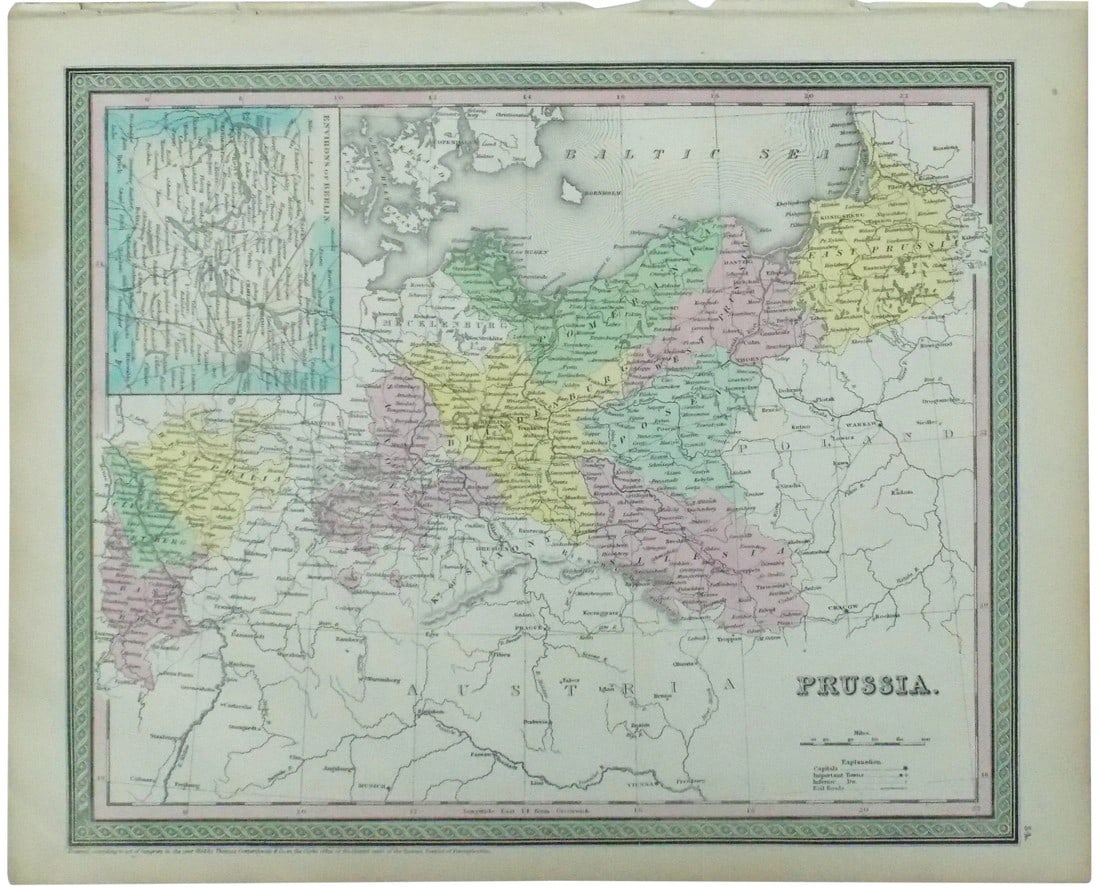 Germany, Poland, Russia With Inset of Berlin Map by Cowperthwait, 1850: Original engraving by Thomas Cowperthwait, circa 1850. Modern day Germany, Poland, Russia with an inset of Berlin. Beautiful original color. Dimensions 14" x 17". Please note: If you purchase multiple