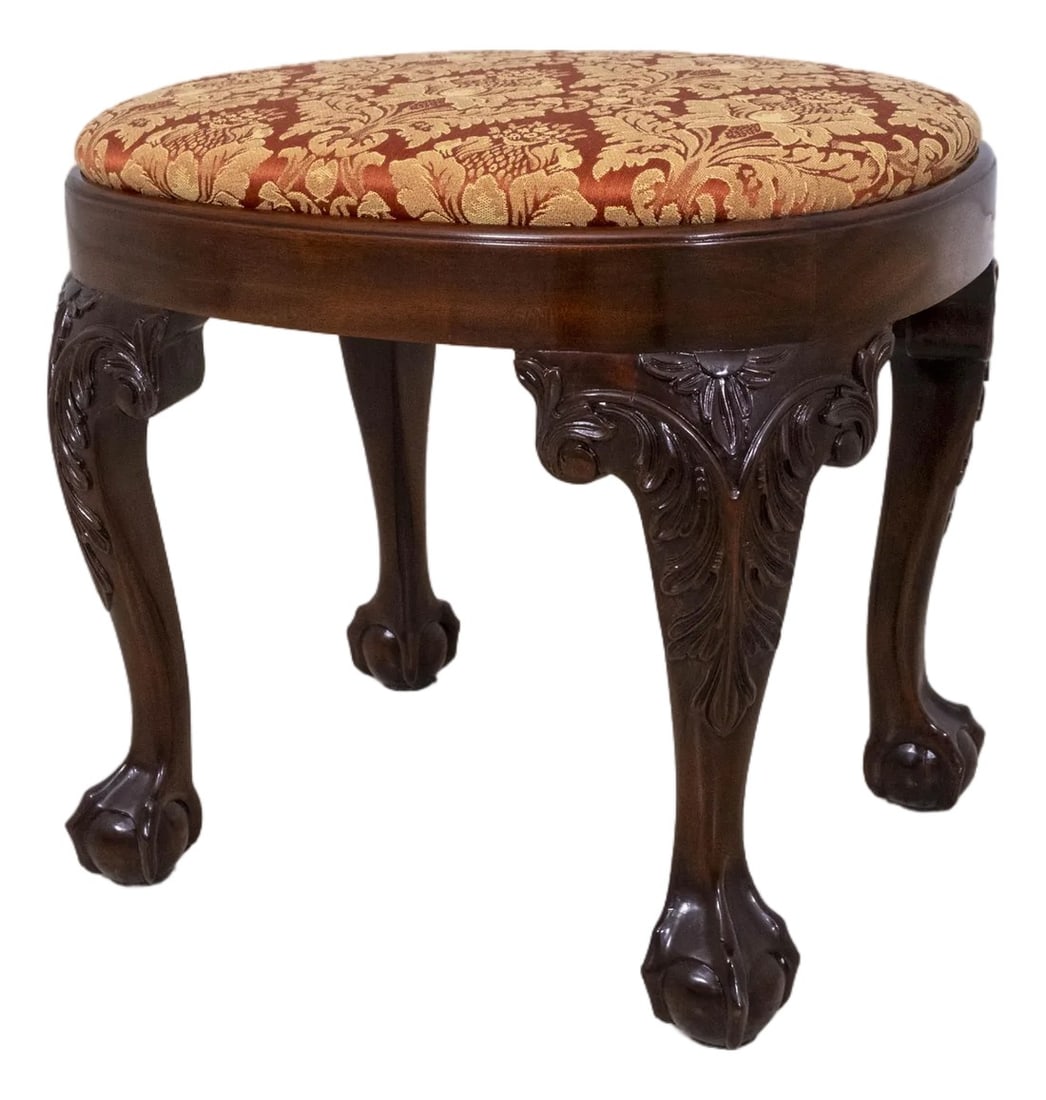 Damask Upholstered Ball & Claw Carved Mahogany Ottoman or Stool: Age: Approx:20 Years Old Details: Professionally Reupholstered Seat Fine Carved Details High Quality Construction 18 C. Design Chippendale Style Quality Damask Upholstery Winterthur Style Stool See Ot