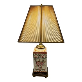 Vintage Chinoiserie 17 1/2" Table Lamp With Famille Rose Handpainted Porcelain Design on Brushed B