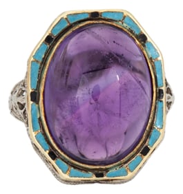 Vintage Art Deco Amethyst Ring Turquoise Enamel Cocktail 14k Gold Filigree 5.75