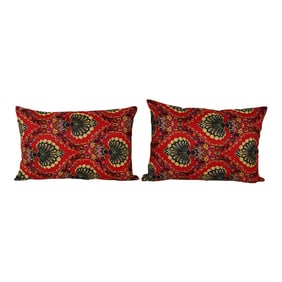 Red and Gold Uzbek Roller Printed Lumbar Pillow Cover - A Pair